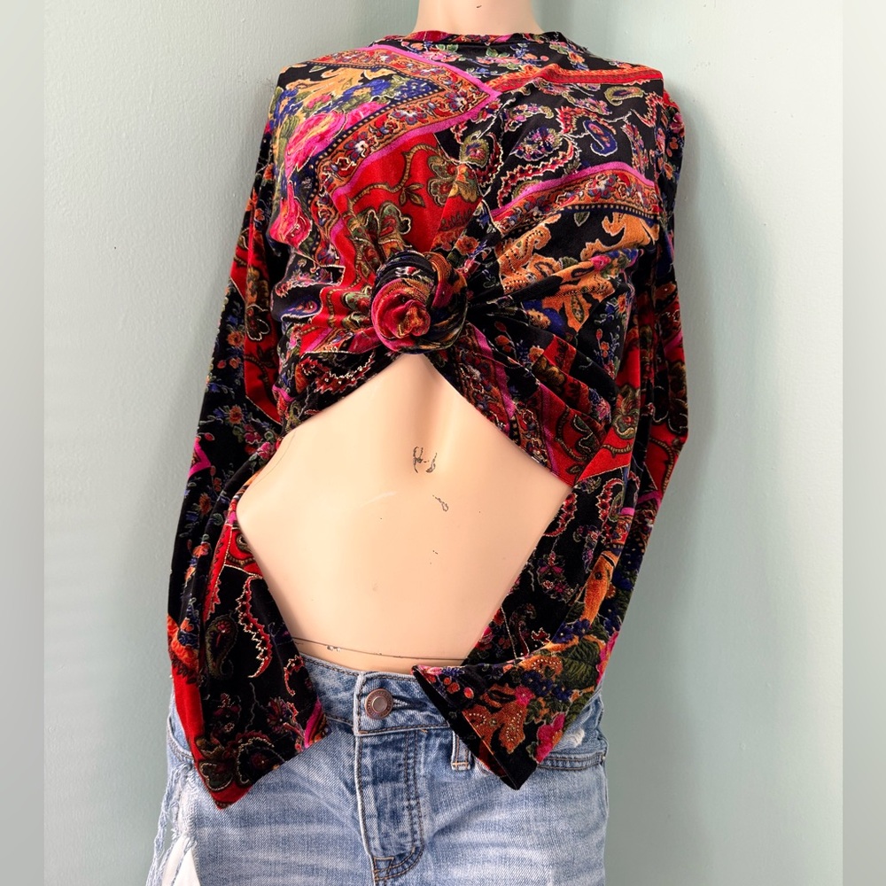 💫Stunning Vintage 90s Y2K Vivid Velvet Floral Paisley Patchwork Long Sleeve Top - Picture 13 of 15